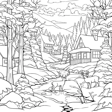Cozy cabins and deer in the snowy winter forest