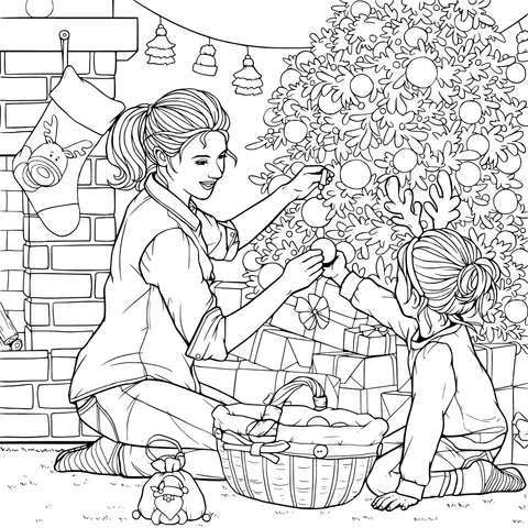 Mother and daughter decorating the Christmas tree together