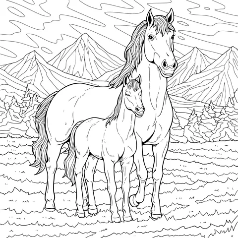 A Mare and Her Foal on the Grassland