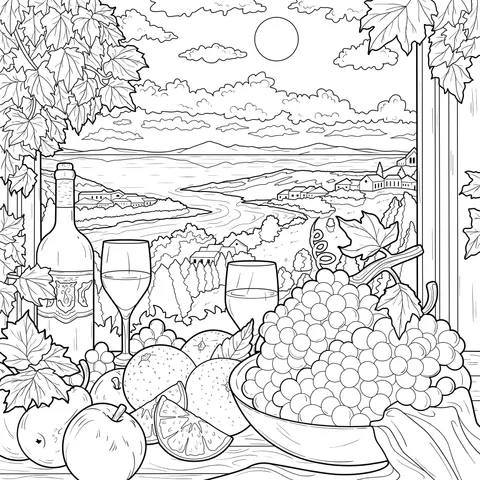 Fine Wine and Fresh Fruits under Rural Scenery