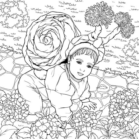 扮成蜗牛的孩子在花丛边