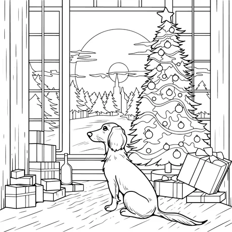 A dog looking out the window at Christmas