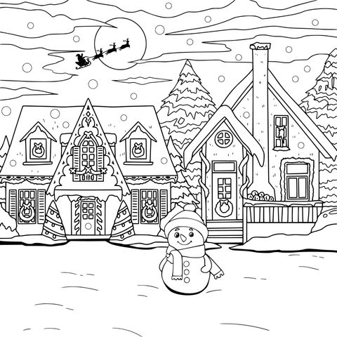 雪夜中的圣诞小屋与雪人