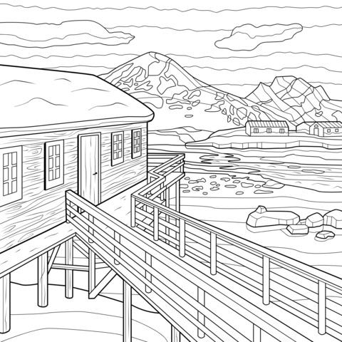 Polar Cabin Landscape Coloring Page