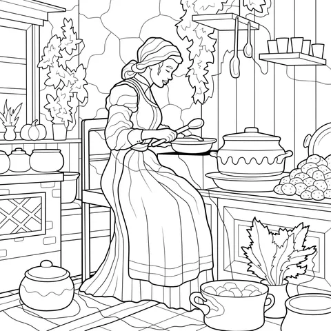 A lady cooking in the kitchen