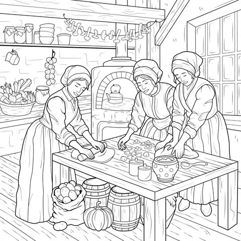 Three women preparing food in the kitchen