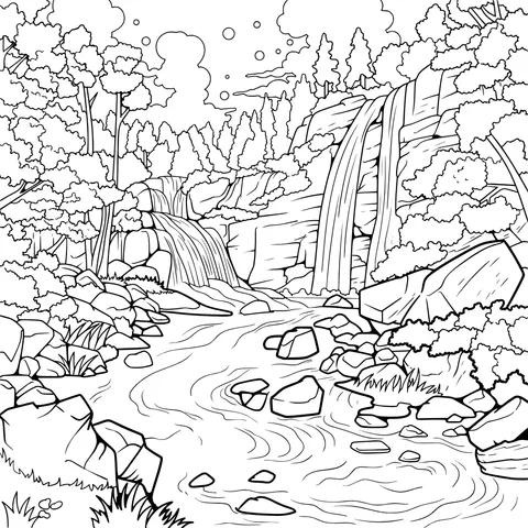 Beautiful scenery of waterfalls and streams in the mountains