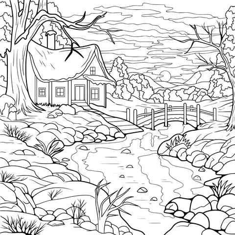 Cabin by the Stream in Winter