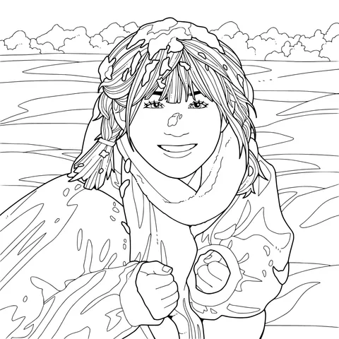 A girl in red smiling in the snow