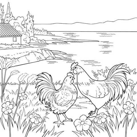 Colorful Roosters by the Rural Lake