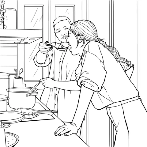 Intimate feeding moment in the kitchen