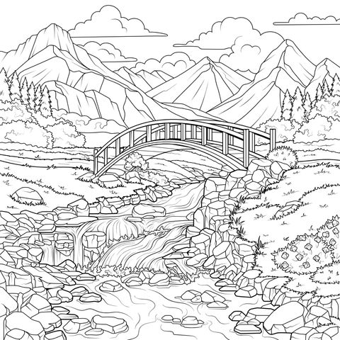Red Bridge over a Mountain Stream