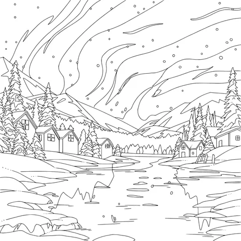 Snowy - night Village under the Northern Lights