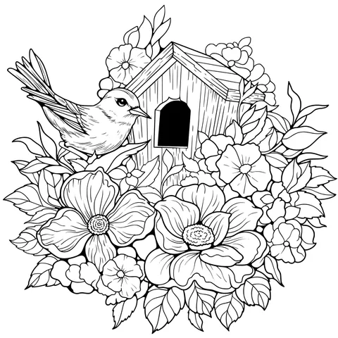 Birdhouse and Bird Surrounded by Flowers