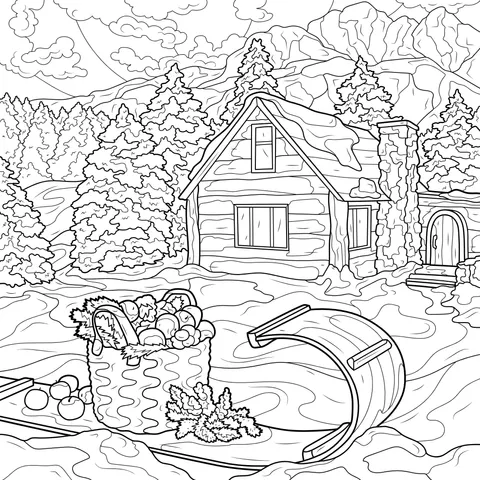 Sled and Vegetables and Fruits beside a Log - cabin in Winter