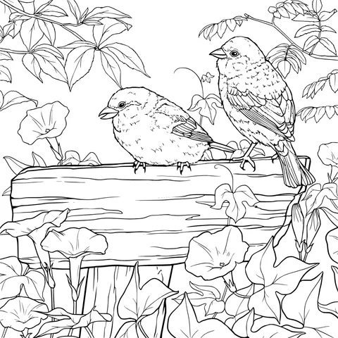 Two Sparrows on a Wooden Sign