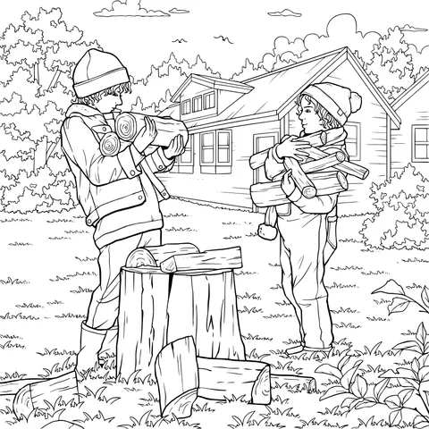 Two People Gathering Firewood Outdoors