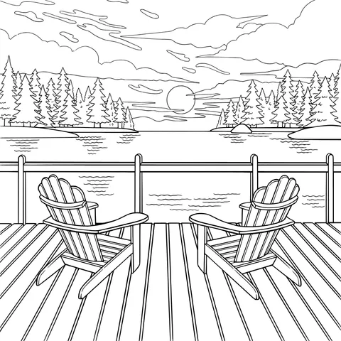 Two Wooden Chairs by the Lakeside at Sunset