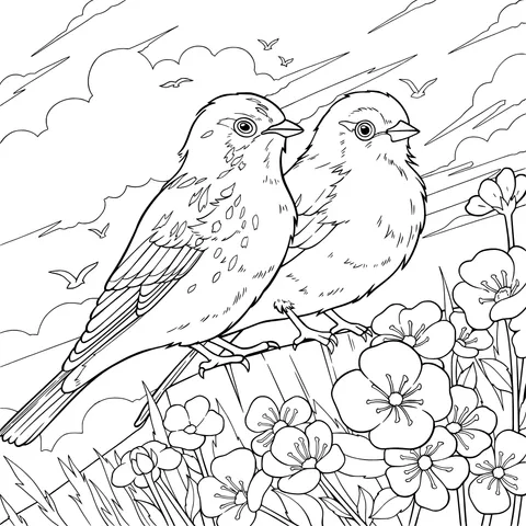 Two Birds on Blooming Flowers