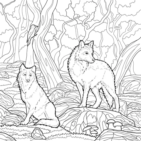 Wolves and Woodpecker in the Forest