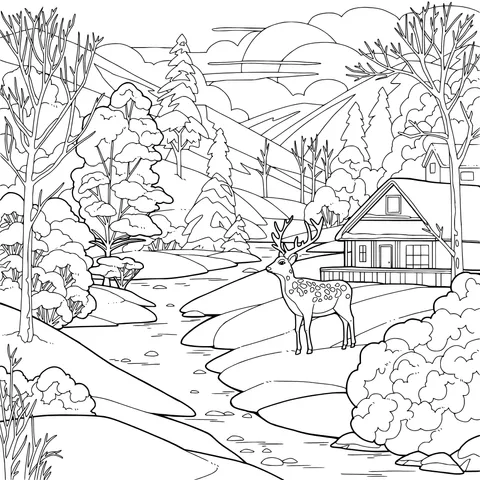 Cabin and Fawn by the Stream in Winter