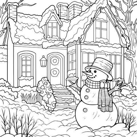 雪夜中的小屋与雪人