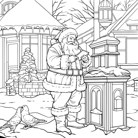 Santa Claus reading a letter in front of a mailbox