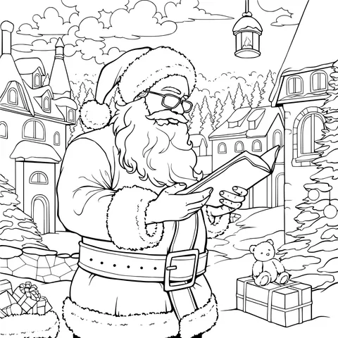 Santa Claus reading in a winter town