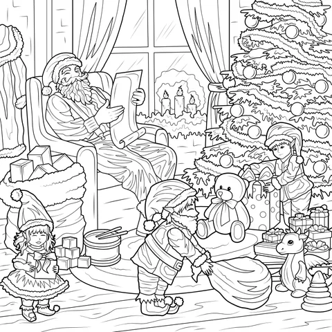 Santa Claus spending Christmas time with elves