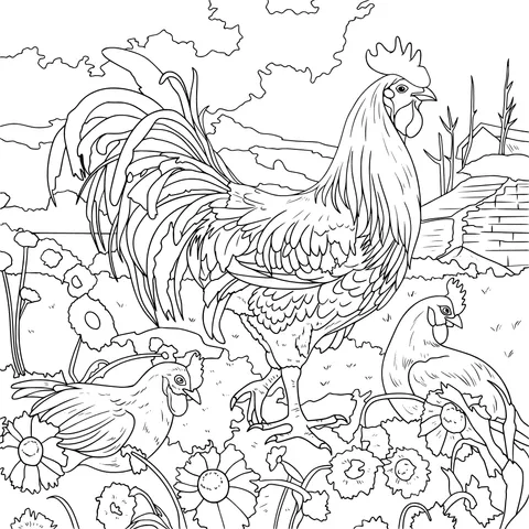 Rooster and Hens in the Field