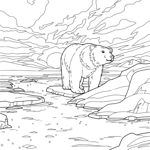 Polar bear on the ice under the aurora