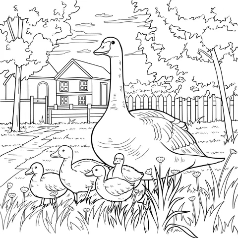 Mother Goose and Goslings on the Courtyard Lawn