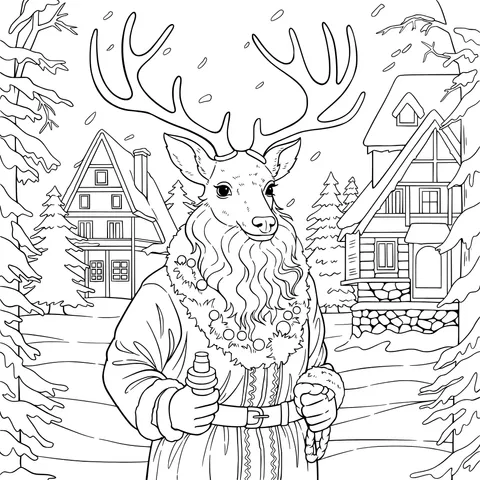 Reindeer in winter clothes standing in a snowy town
