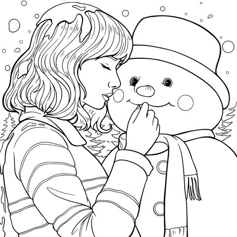 女孩亲吻雪人