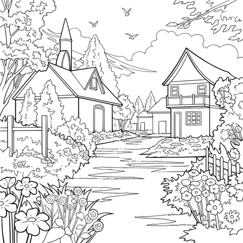 Colorful Cottages in a Rural Scenery