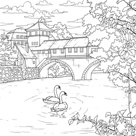 Autumn Scenery by the River with Swans