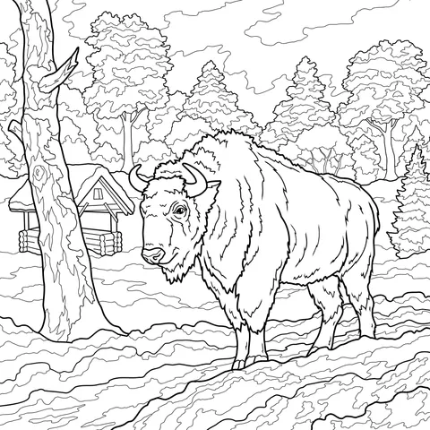 Bison in the Snowy Forest