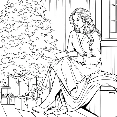 Woman reading under the Christmas tree
