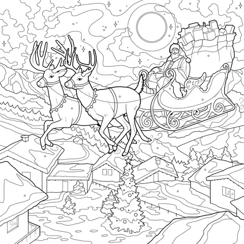 Santa Claus patrolling at night on a reindeer - drawn sleigh
