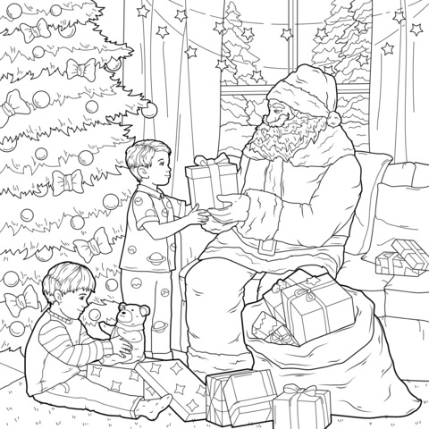 Santa Claus Giving Gifts Coloring Page for Kids