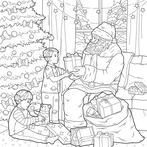 Children exchanging gifts with Santa Claus