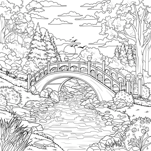 Small Bridge and Stream in the Forest under the Setting Sun