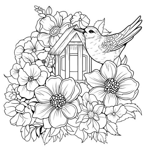 Birdhouse and Bird Surrounded by Flowers