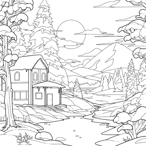 Winter Snow - scene Cottage Coloring Page