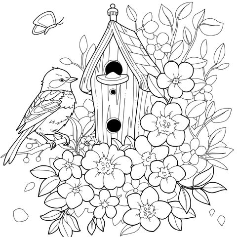花丛中的鸟舍与小鸟