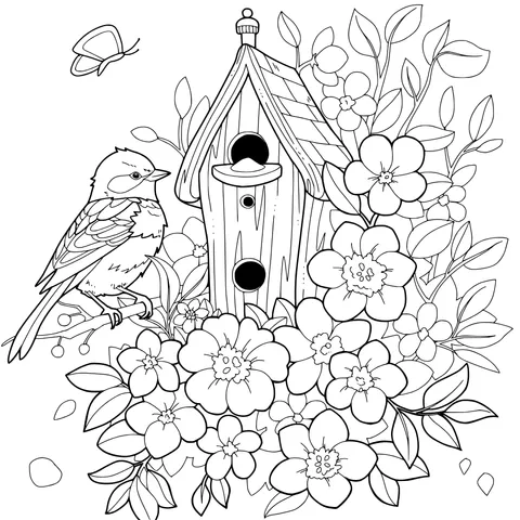 Birdhouse and bird among flowers