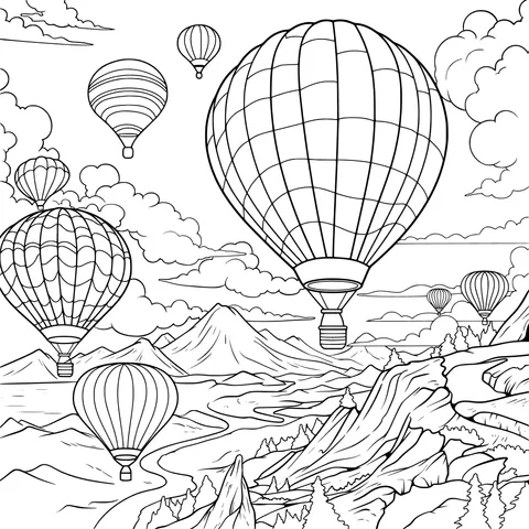 Colorful Hot - air Balloons Flying over Mountains and Rivers