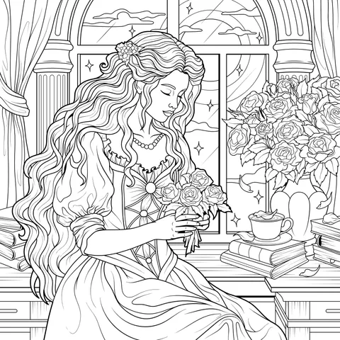 A Princess Holding Flowers under the Moonlight