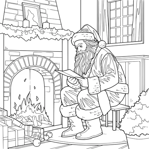 Santa Claus reading a letter by the fireplace