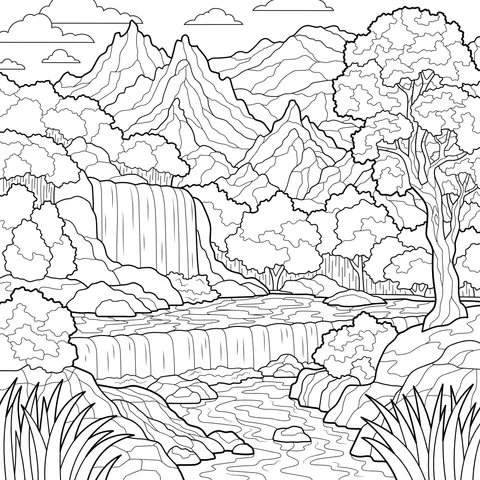 Autumn Landscape with Mountains, Waterfall and River